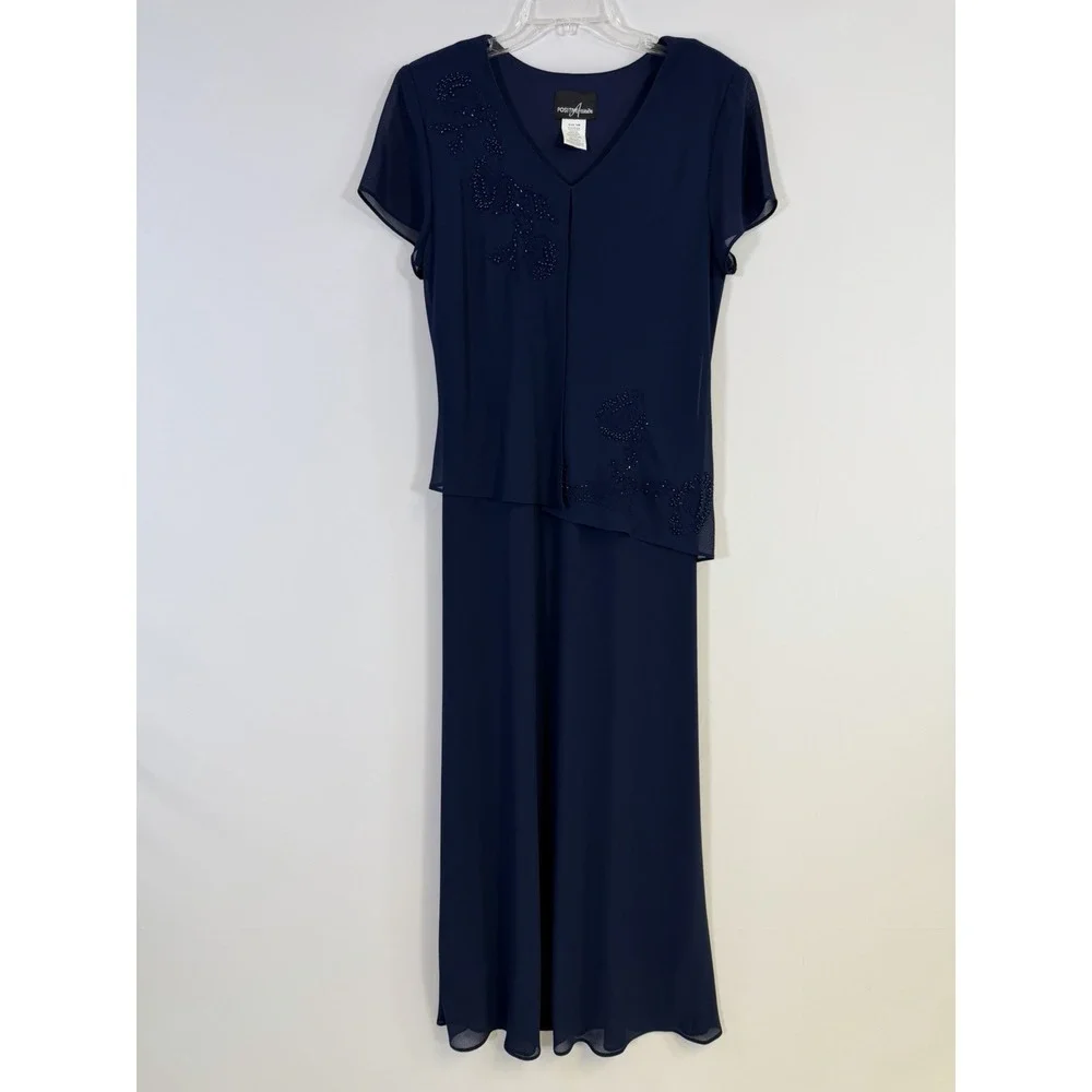 Positive Attitude Royal‎ Blue Beaded Short Sleeve Maxi Dress Size 14 Vtg Formal